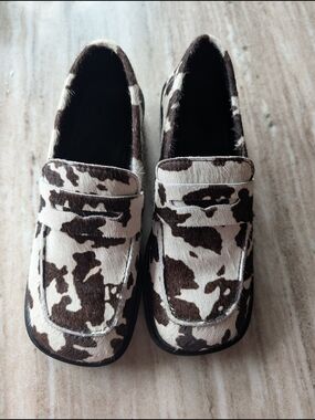 ASOS Cowhide-Pattern Slip-On Loafers in Brown and White